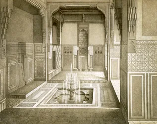 Il Cairo: Mandarah: Sala di ricevimento, piano terra, con piscina e fontana, XIX secolo